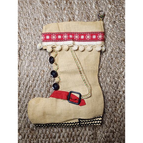 Handmade Holiday Christmas Burlap Boot Stocking Black Buttons Palms 19" - Picture 1 of 9